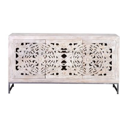 Aparador 2 Puertas 3 Cajones Tallado Blanco, 150 Cm
