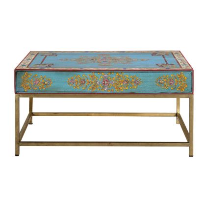 Mesa Centro Madera azul 1 Cajón Pintado A Mano, 90 Cm