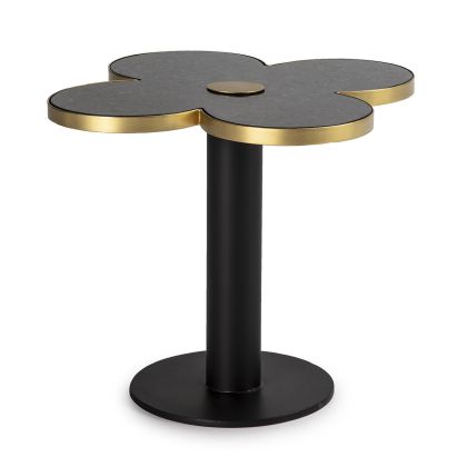 Mesa auxiliar art decó con sobre de flor en granito, metal negro y dorado.