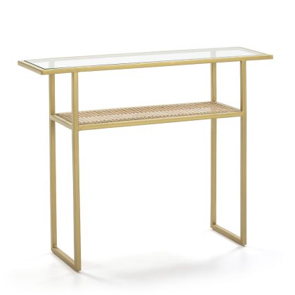 Consola art decó en metal dorado con ratán natural trenzado y sobre de cristal.