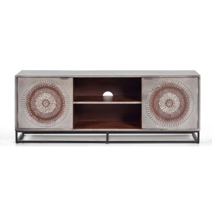 Mueble TV Mandala Estilo Oriental Madera Mango Color Gris Nogal Metal, 150 Cm