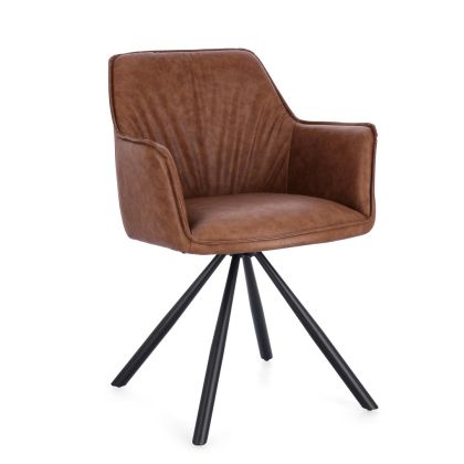 Silla moderna en madera contrachapada tapizada en cuero marrón claro y patas de acero negro.
