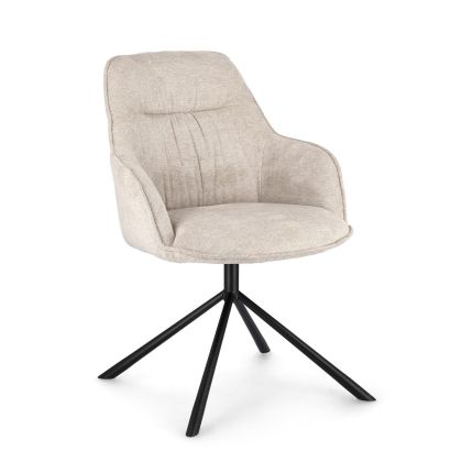 Silla diseño moderno en acero negro tapizado en tejido marfil patas en forma de aspa.