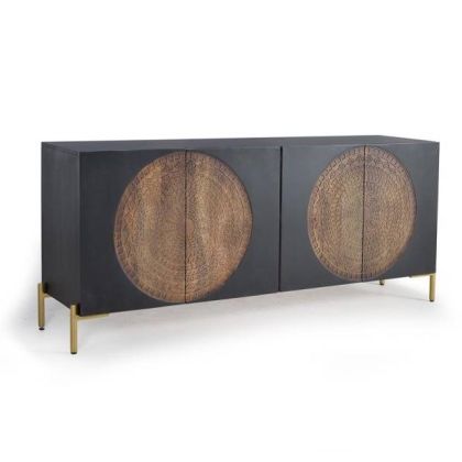Aparador Estilo Oriental Madera Mango Color Nogal Metal Dorado, 173 Cm