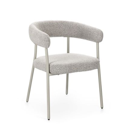 Silla contemporánea en madera contrachapada tapizada en tela gris y estructura de acero.