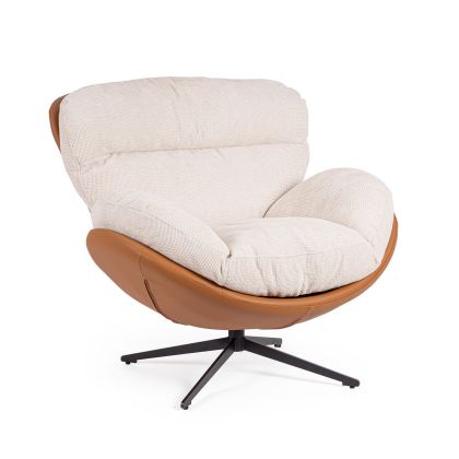 Sillón moderno en madera contrachapada tapizado en cuero, tejido blanco y patas de acero negro.