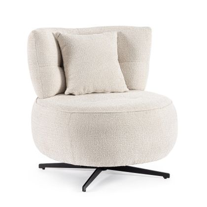 Sillón moderno en madera contrachapada tapizado en tejido blanco y patas de acero negro.