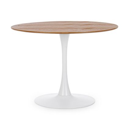 Mesa de comedor nórdica con sobre de madera natural y base de acero blanco.