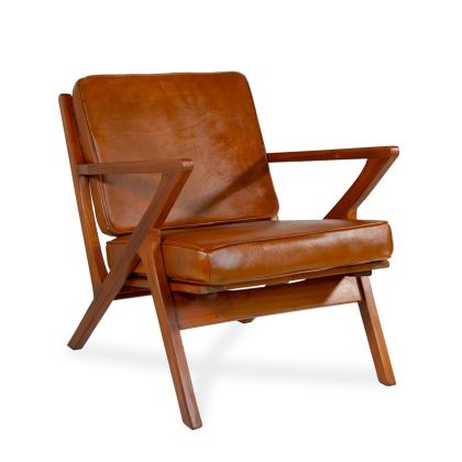 Brown Leather Natural Teak Wood Armchair, 65 Cm