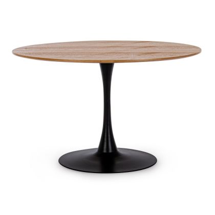 Mesa de comedor nórdica con sobre de madera natural y base de acero negro.