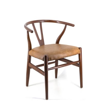 Dining Chair Camel Leather Teak Wood, 50 Cm