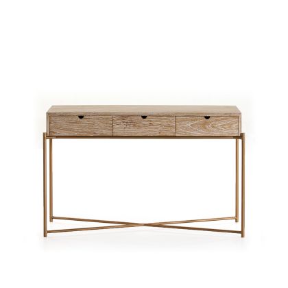 Consola de Madera en Blanco Lavado y Metal Dorado.