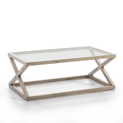 Mesa de centro nórdica en madera gris velado con sobre de cristal.