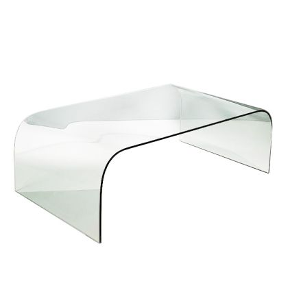 Mesa de centro moderna en cristal transparente.