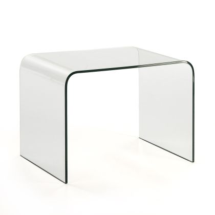 Mesa auxiliar moderna en vidrio transparente.