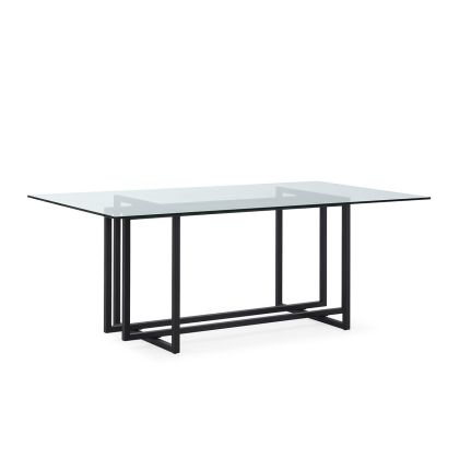 Mesa de Comedor moderna en cristal transparente y metal negro.