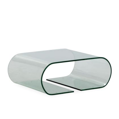 Mesa de centro moderna en cristal transparente.