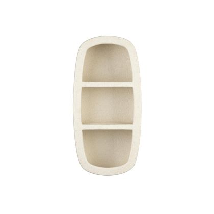 Estantería de forma orgánica nórdica en mdf y mármol reciclado tono beige.
