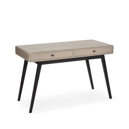 Escritorio nórdico moderno en madera natural con pátina gris y patas en tono negro.