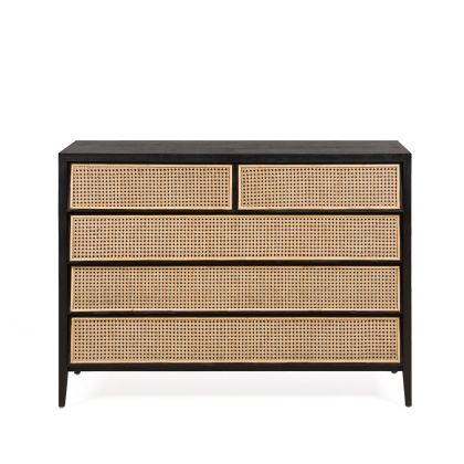 Chest of drawers 125x45x90 Cedar wood/Rattan -- Black/Natural