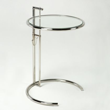 Mesa Auxiliar regulable moderna de cristal y metal cromo.