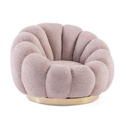 Sillón giratorio art decó en madera tapizada en rosa antiguo con base de acero dorado.