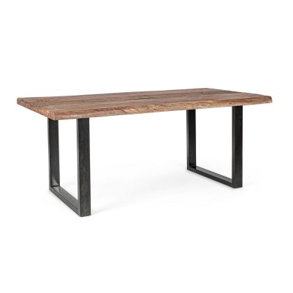 Mesa de comedor industrial en madera de acacia, madera reciclada natural y patas de acero negro.