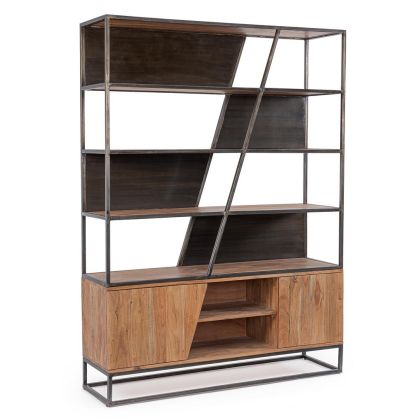 Librería industrial en madera de acacia con respaldo de madera contrachapada y estructura de acero marrón y negro.