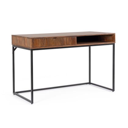 Escritorio industrial en madera de mango marrón y patas de acero negro.