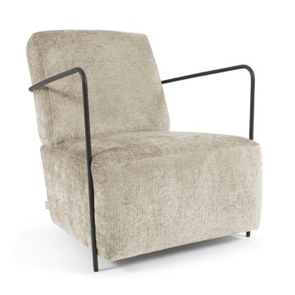 Sillón Tapizado Chenilla Beige Metal Acabado Negro, 69 Cm