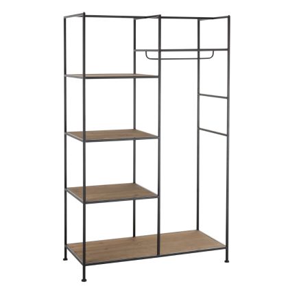 Estantería ropa industrial en madera marrón y metal negro.