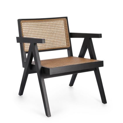 Sillón étnico en madera de teca negra y ratán natural.