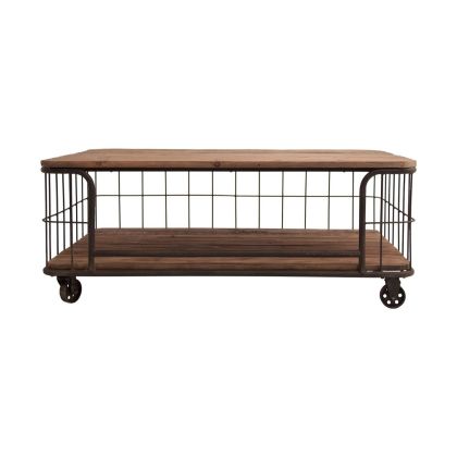 Mesa Centro Con Ruedas, Metal Negro y Madera Natural De Estilo Industrial