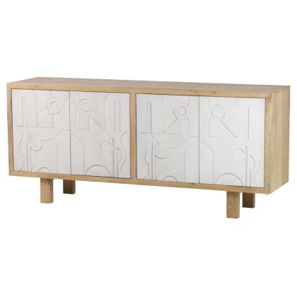Aparador Madera Natural/Blanco Tallada 4 Puertas, 180 Cm