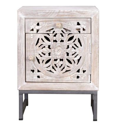 Mesita De Noche Madera Envejecida Base Metal Negro
