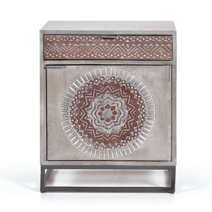 Mesita De Noche Oriental  Madera Gris Detalles Tallados A Mano