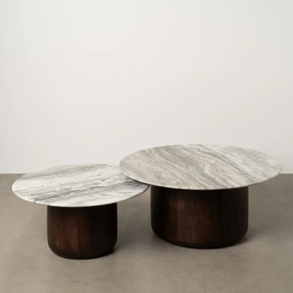 Set of 2 Wood and Marble Living Room Coffee Tables, 100 Ø