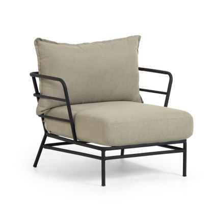 Sillón Exterior Industrial Acero Negro Cojines Beige, 80 Cm