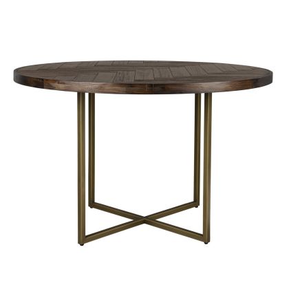 Mesa de comedor redonda mid-century en madera de acacia marrón y base de acero negro.