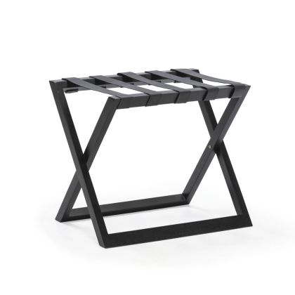 Portamaletas moderno en madera de teca y cuero negro.