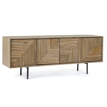 Mueble de TV nórdico moderno en madera de mango natural con listones y patas de acero negro.