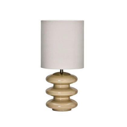 Lámpara de mesa moderna con pantalla de algodón blanco y estructura de vidrio arena.