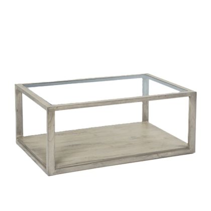 Mesa de centro nórdica moderna en madera gris velado y sobre de cristal.