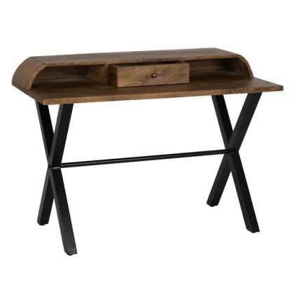 Escritorio industrial en madera de mango y patas metálicas en negro.