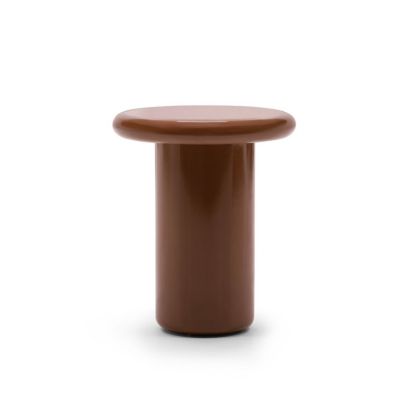 Mesa auxiliar moderna en fibra de vidrio alto brillante rojizo.