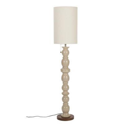 Lámpara de pié mid-century en cerámica beige y base de madera nogal.
