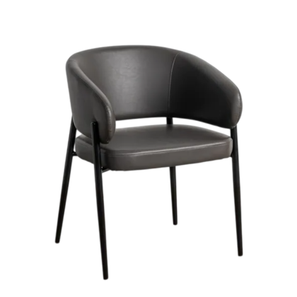 Silla moderna en metal negro tapizado en piel gris.
