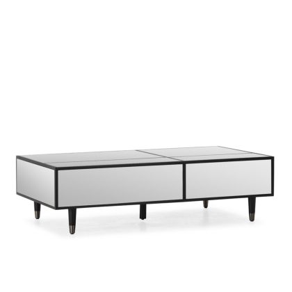 Mesa de centro art decó en madera negra con espejos revestidos.
