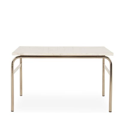 Mesa de centro diseño moderno con sobre de mármol blanco y patas en hierro niquelado.