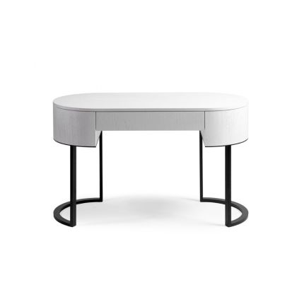 Consola de diseño moderno en madera de roble blanca y base de metal negro.